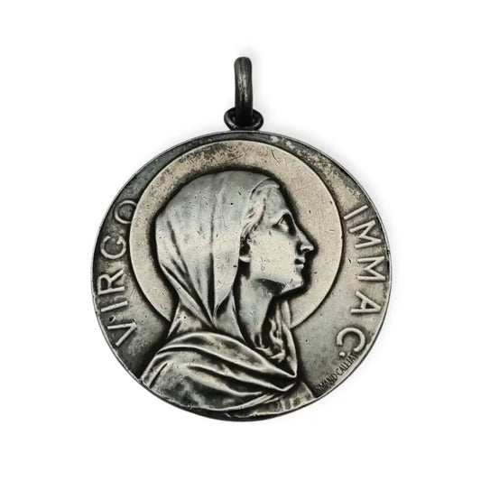 Medalla modernista antigua Virgen Inmaculada firmada Armand Calliat plata 1915