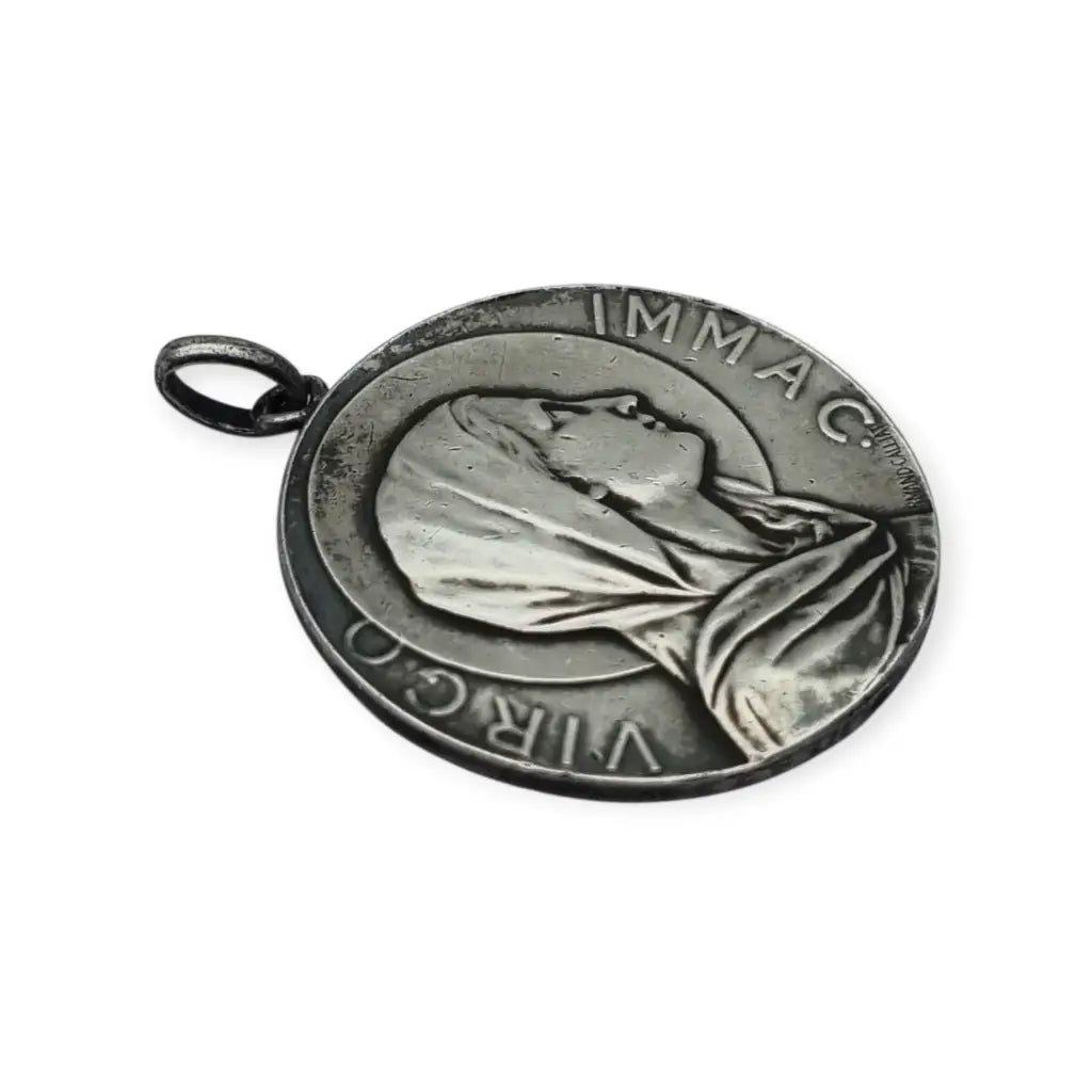 Medalla modernista antigua Virgen Inmaculada firmada Armand Calliat plata 1915