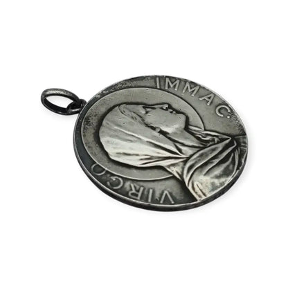Medalla modernista antigua Virgen Inmaculada firmada Armand Calliat plata 1915