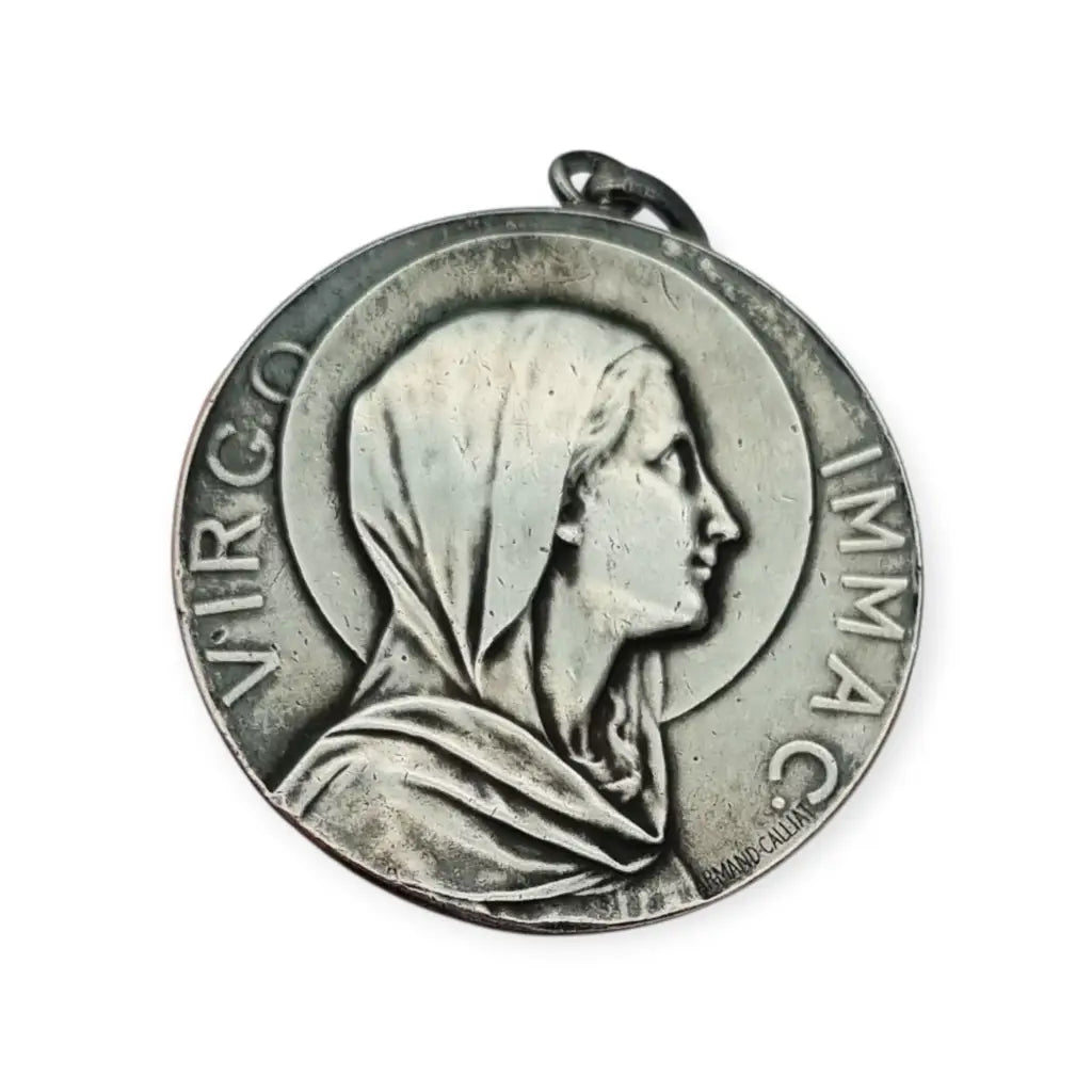 Medalla modernista antigua Virgen Inmaculada firmada Armand Calliat plata 1915