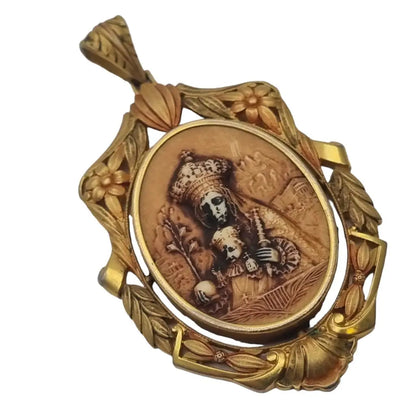Medalla art nouveau colgante religioso vintage medalla de flor esmalte dorado