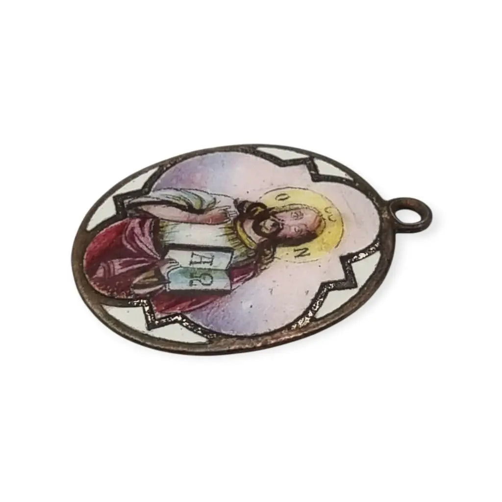 Medalla religiosa antigua Cristo Pantocrátor esmalte policromado circa 1930.