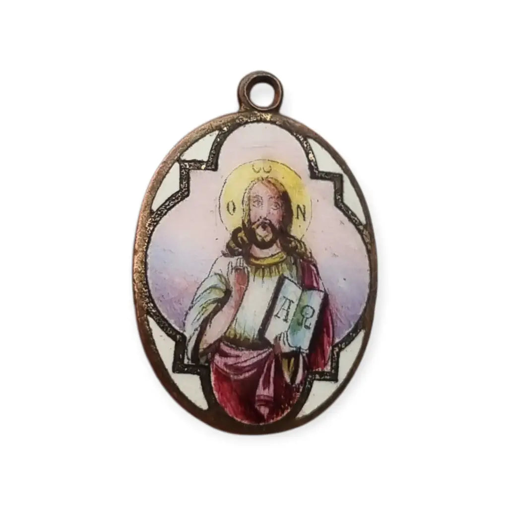Medalla religiosa antigua Cristo Pantocrátor esmalte policromado circa 1930.