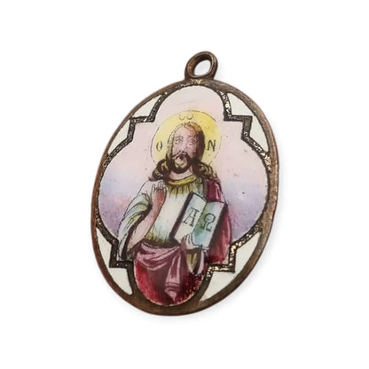 Medalla religiosa antigua Cristo Pantocrátor esmalte policromado circa 1930.