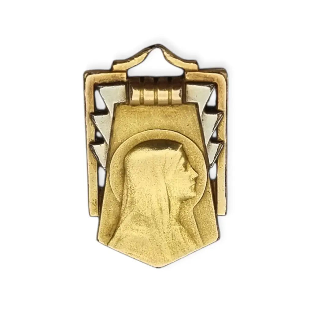 Medalla religiosa Art Déco antigua con Virgen en latón dorado contraste años