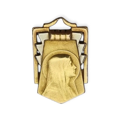 Medalla religiosa Art Déco antigua con Virgen en latón dorado contraste años