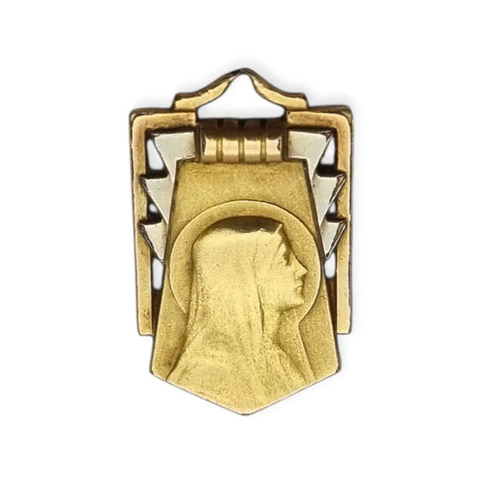 Medalla religiosa Art Déco antigua con Virgen en latón dorado contraste años