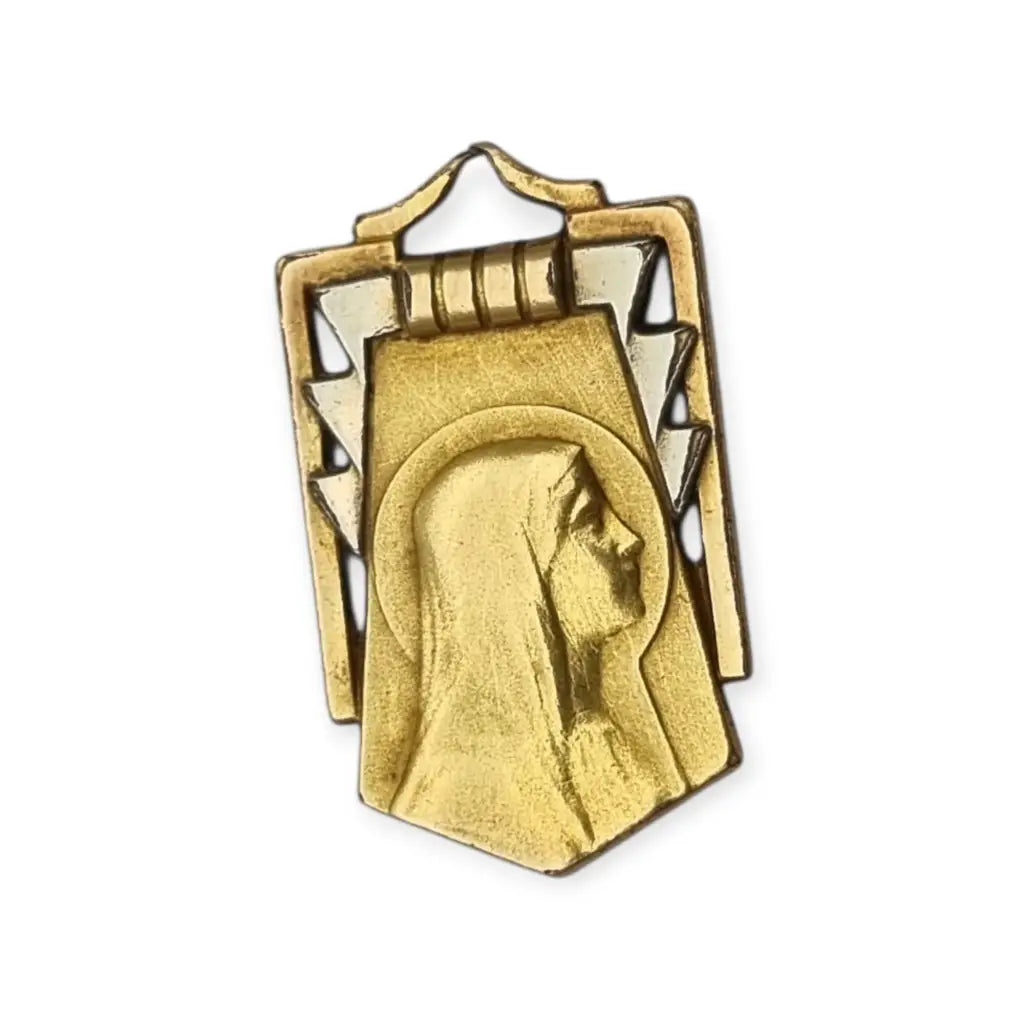 Medalla religiosa Art Déco antigua con Virgen en latón dorado contraste años