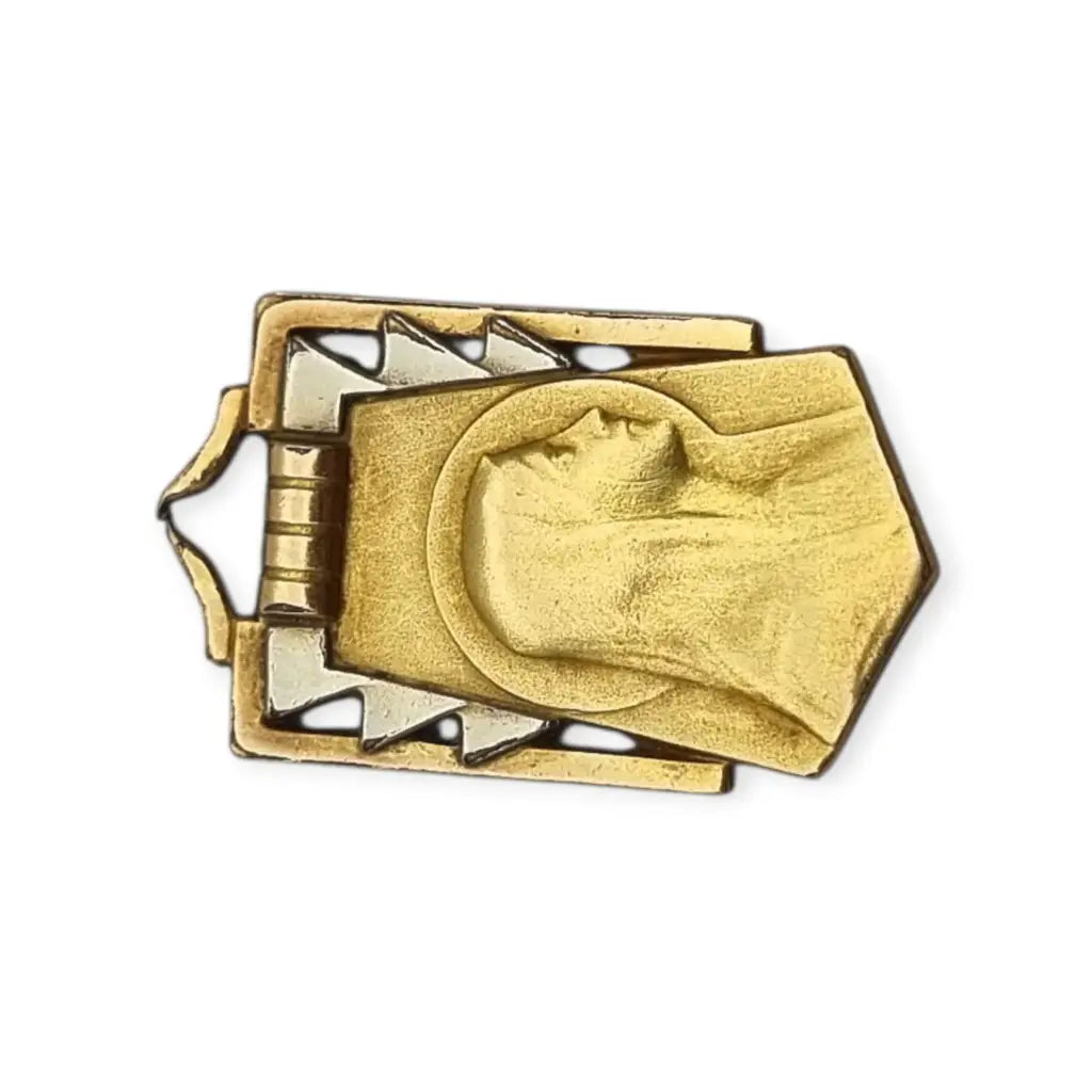 Medalla religiosa Art Déco antigua con Virgen en latón dorado contraste años