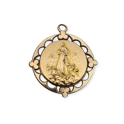 Medalla religiosa de oro diseño art nouveau la Virgen con ángeles 1921.