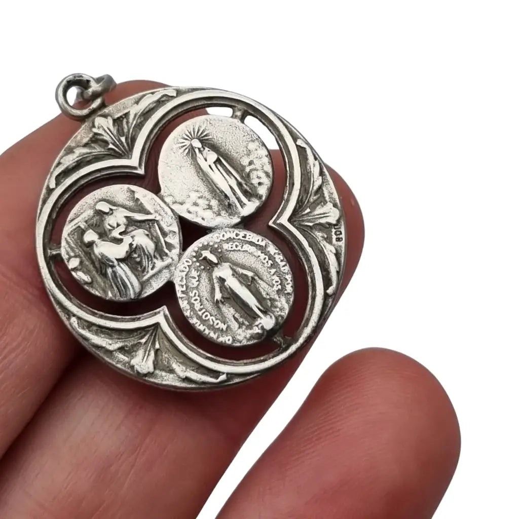 Medalla trinitaria religiosa vintage en plata 800 calada Art Decó Circa