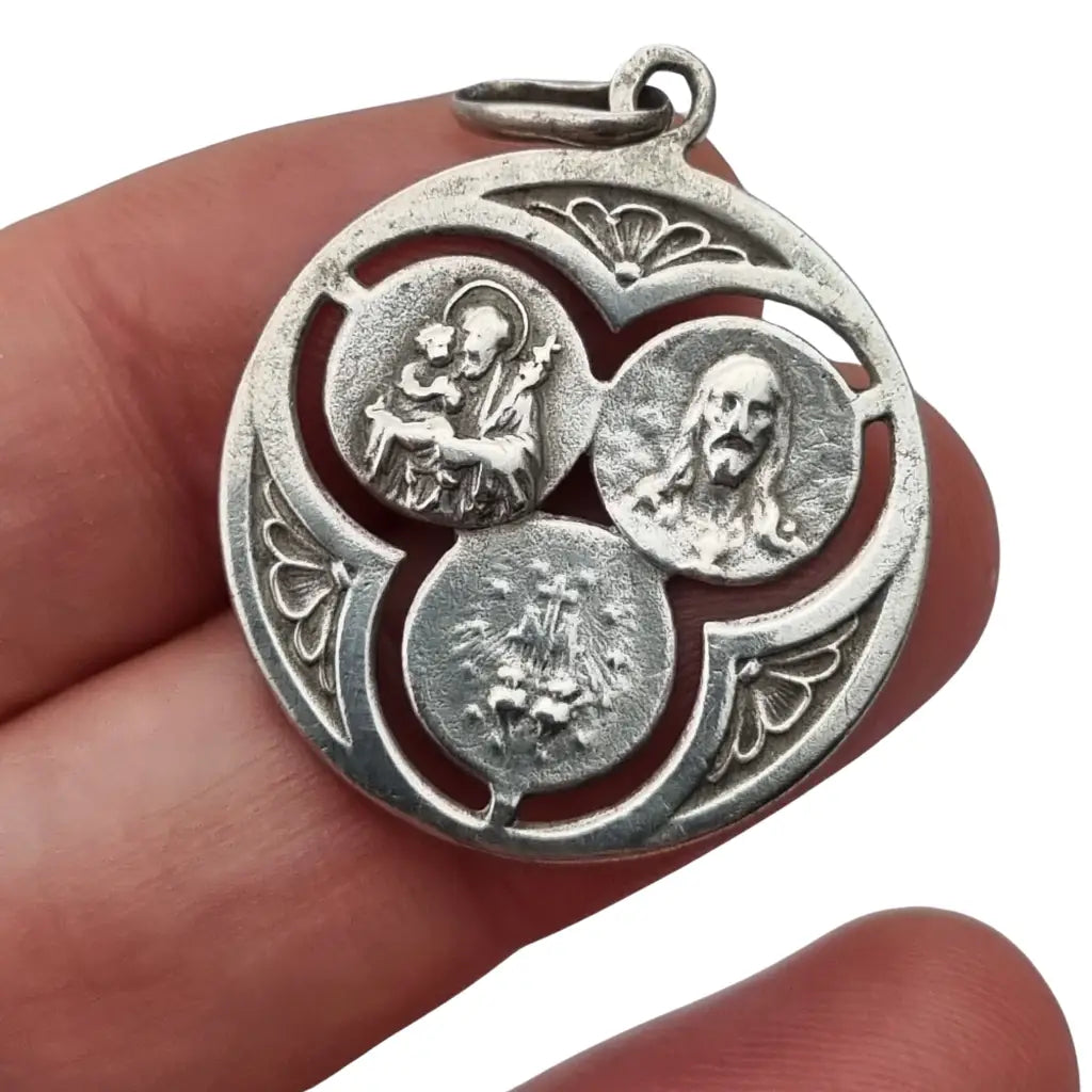 Medalla trinitaria religiosa vintage en plata 800 calada Art Decó Circa