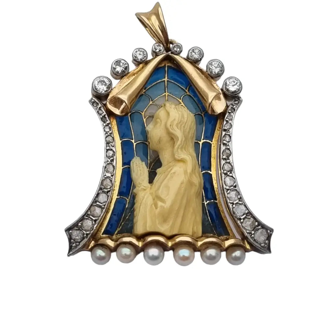 Medalla Virgen Art Nouveau esmaltada en oro de 18k con diamantes y perlas