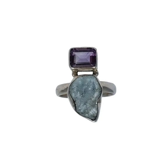 Anillo boho de plata con amatista y aguamarina para mujer piedra morada azul