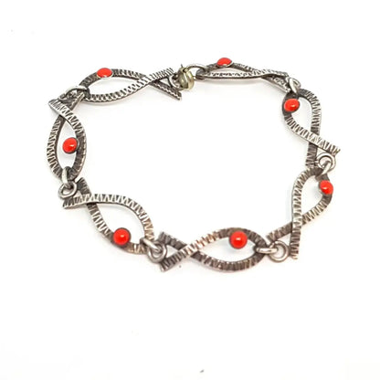 Pulsera vintage de plata Art Deco para mujer con pez esmaltado rojo