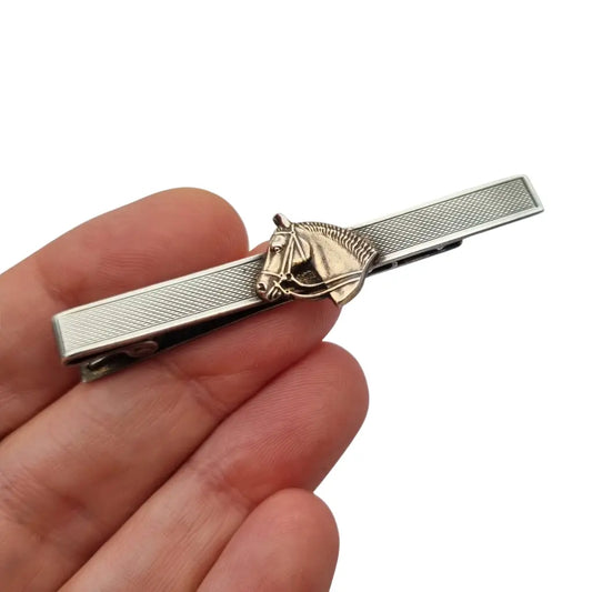Pasador de corbata ecuestre vintage plata los años 50 con cabeza