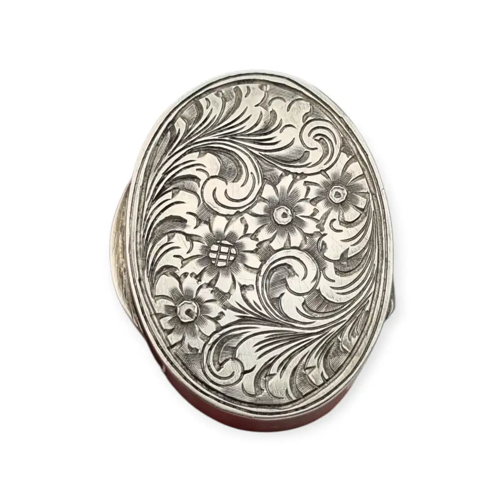 Pastillero antiguo ovalado en plata 800 grabado floral caja de viaje o monedero