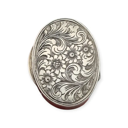 Pastillero antiguo ovalado en plata 800 grabado floral caja de viaje o monedero