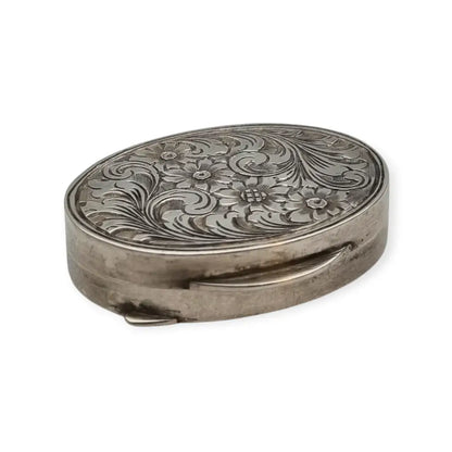Pastillero antiguo ovalado en plata 800 grabado floral caja de viaje o monedero