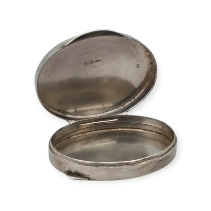 Pastillero antiguo ovalado en plata 800 grabado floral caja de viaje o monedero