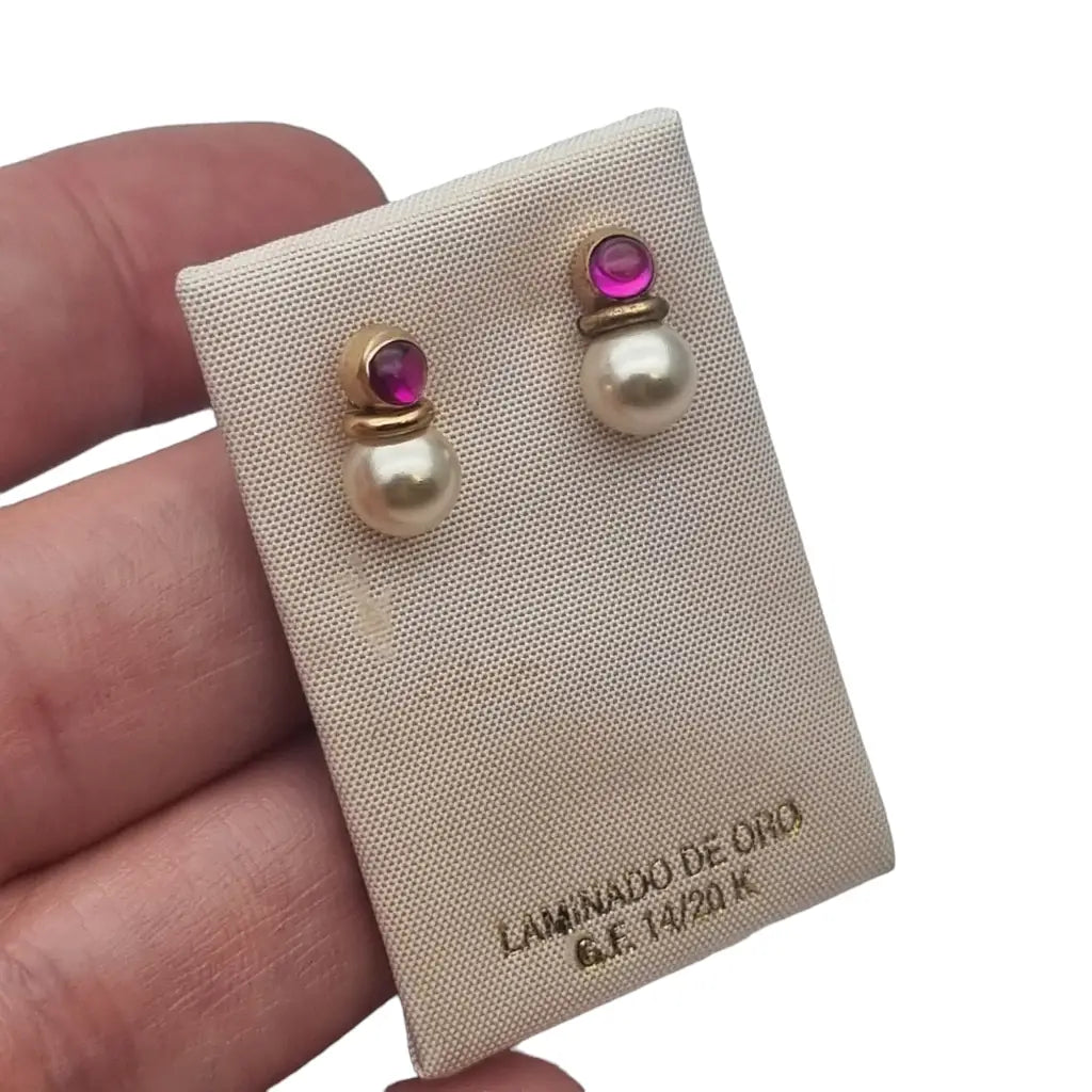 Pendientes de perlas y rubíes en oro laminado 14k regalos retro para mujer.