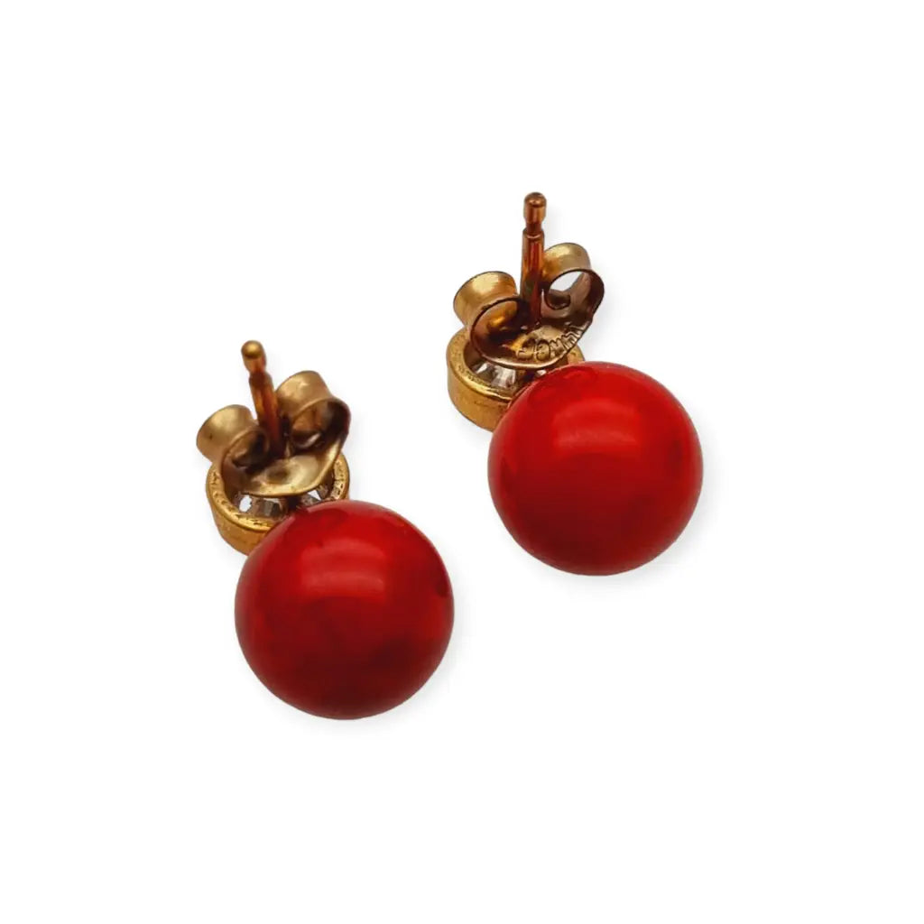 Pendientes vintage oro laminado y perla roja con circonitas joyería 80s NOS.