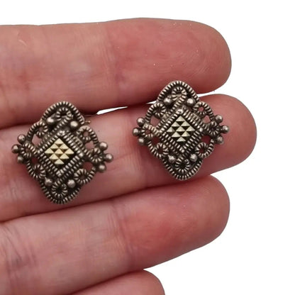 Pendientes de clip cuadrados Plata y marcasita para mujer Estilo Art Deco Circa