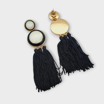 Pendientes colgantes vintage joyas en blanco y negro con flecos glam rock