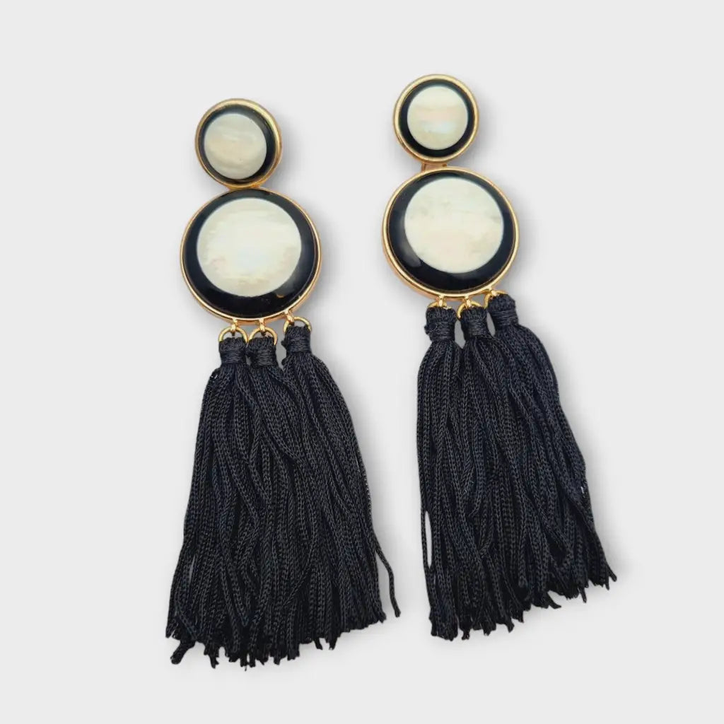 Pendientes colgantes vintage joyas en blanco y negro con flecos glam rock