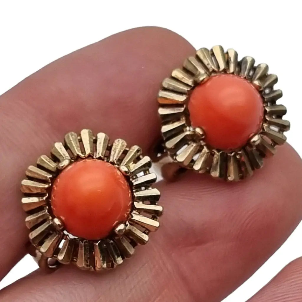 Pendientes de coral rojo y plata dorada para mujer originales los años 70