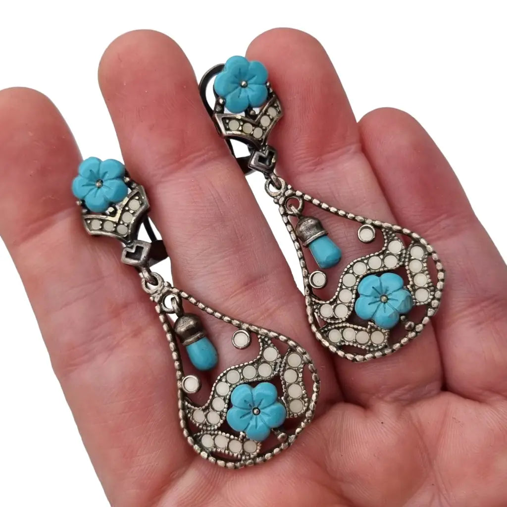 Pendientes de flores pendientes colgantes plata ley azul turquesa y blanco