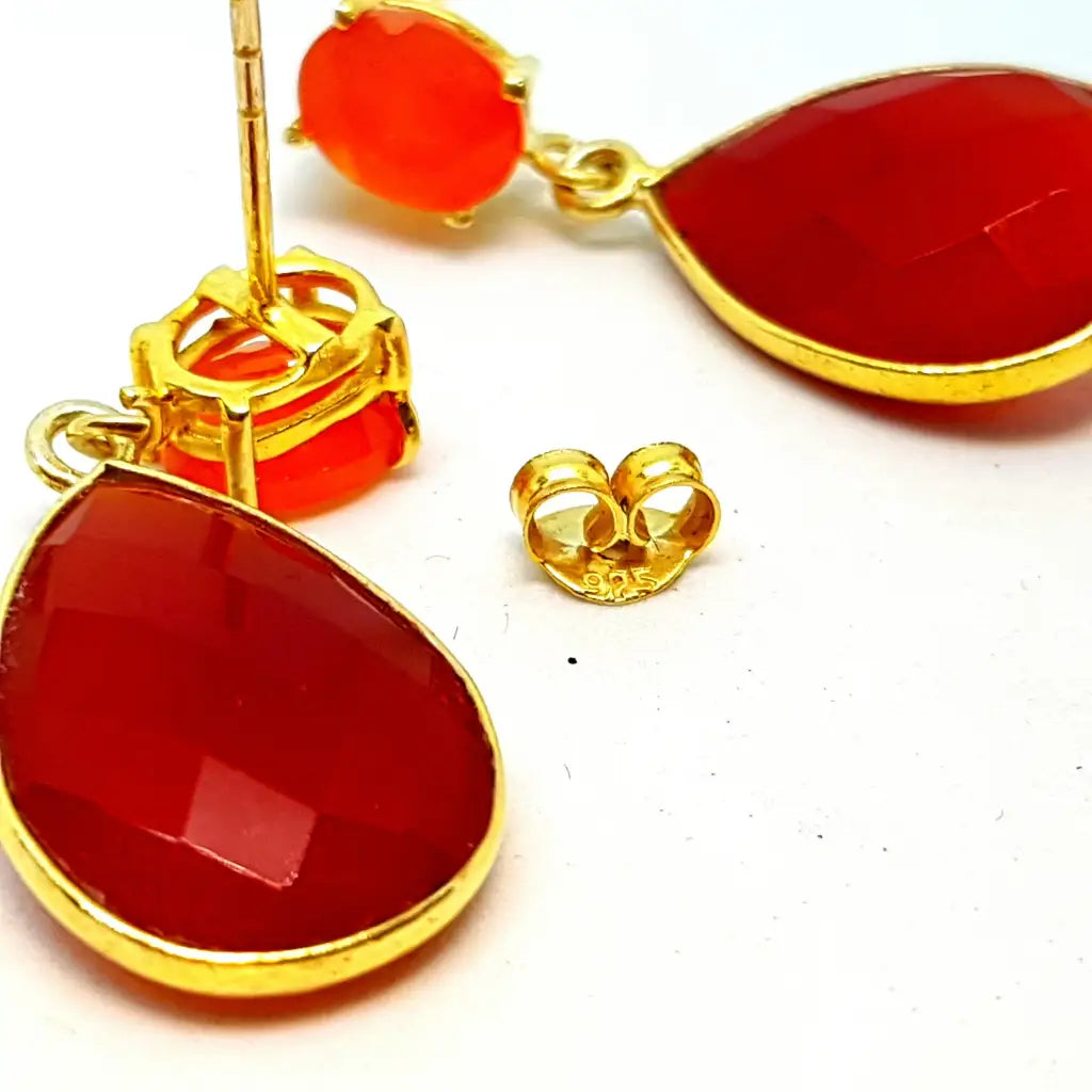 Pendientes ónix color miel de forma lágrima en plata dorada joyería antigua