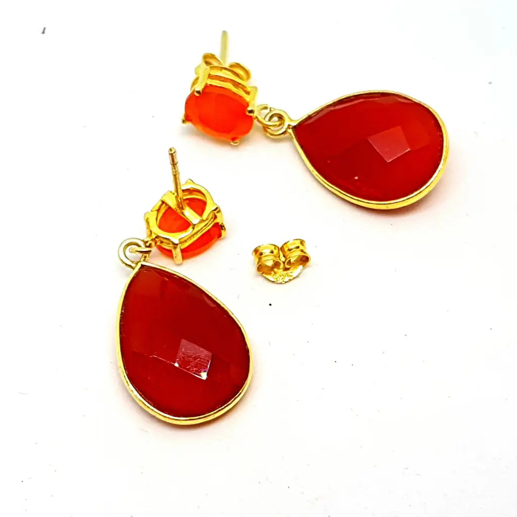 Pendientes ónix color miel de forma lágrima en plata dorada joyería antigua