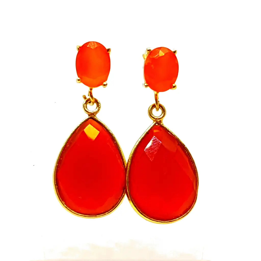 Pendientes ónix color miel de forma lágrima en plata dorada joyería antigua