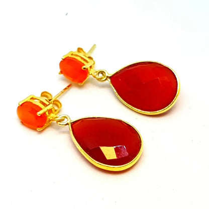 Pendientes ónix color miel de forma lágrima en plata dorada joyería antigua