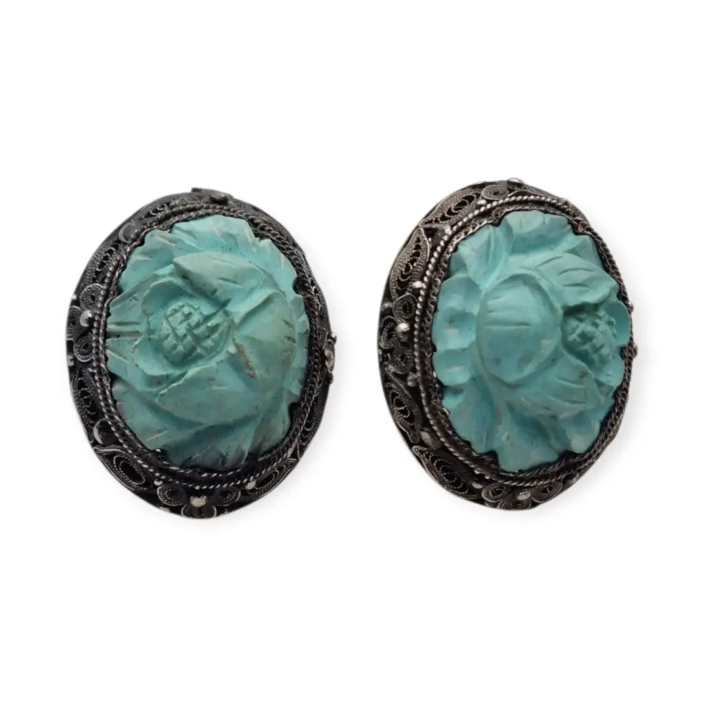 Pendientes orientales antiguos de plata filigrana con camafeos florales azul