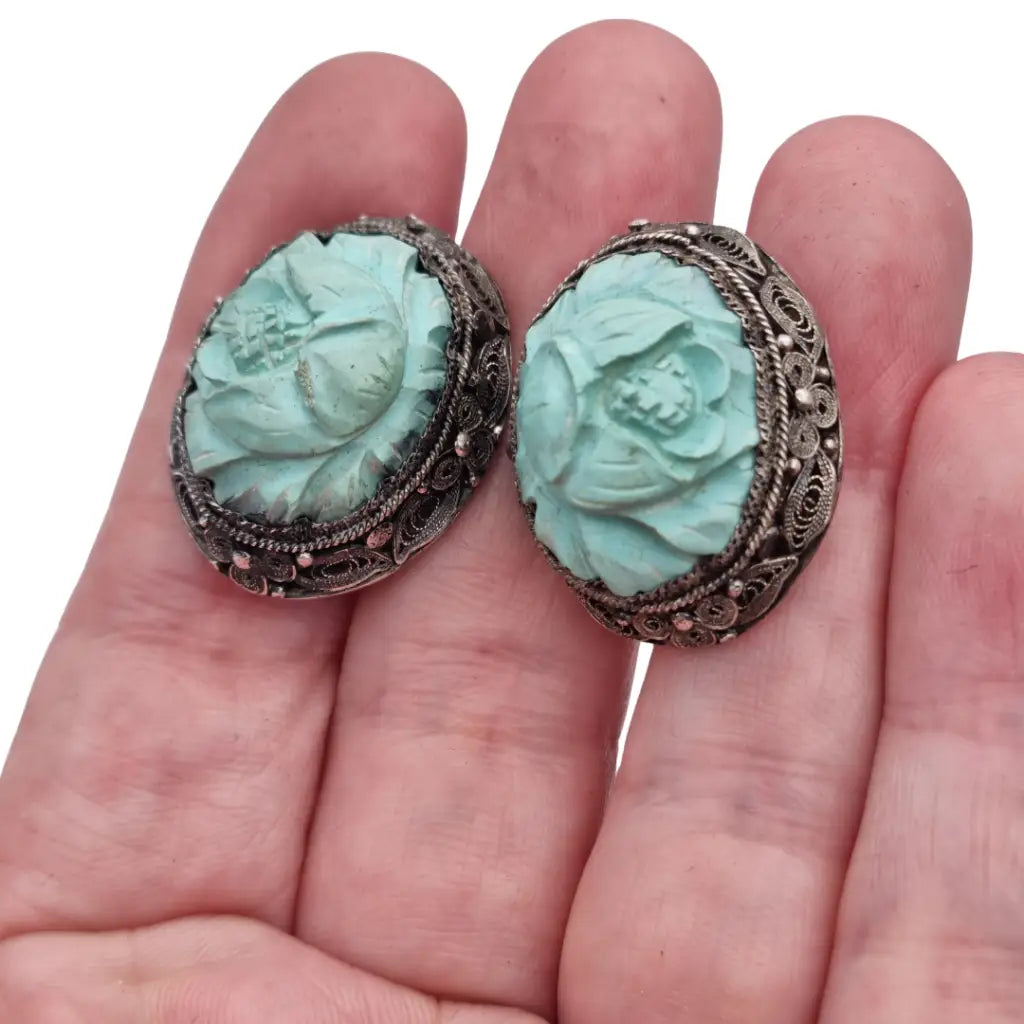 Pendientes orientales antiguos de plata filigrana con camafeos florales azul