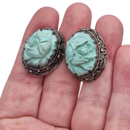 Pendientes orientales antiguos de plata filigrana con camafeos florales azul