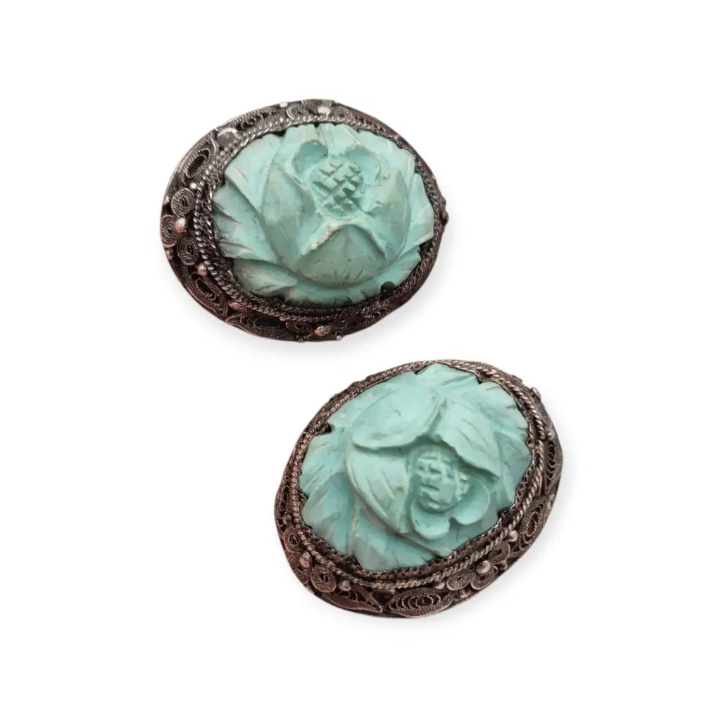 Pendientes orientales antiguos de plata filigrana con camafeos florales azul