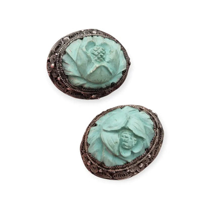 Pendientes orientales antiguos de plata filigrana con camafeos florales azul
