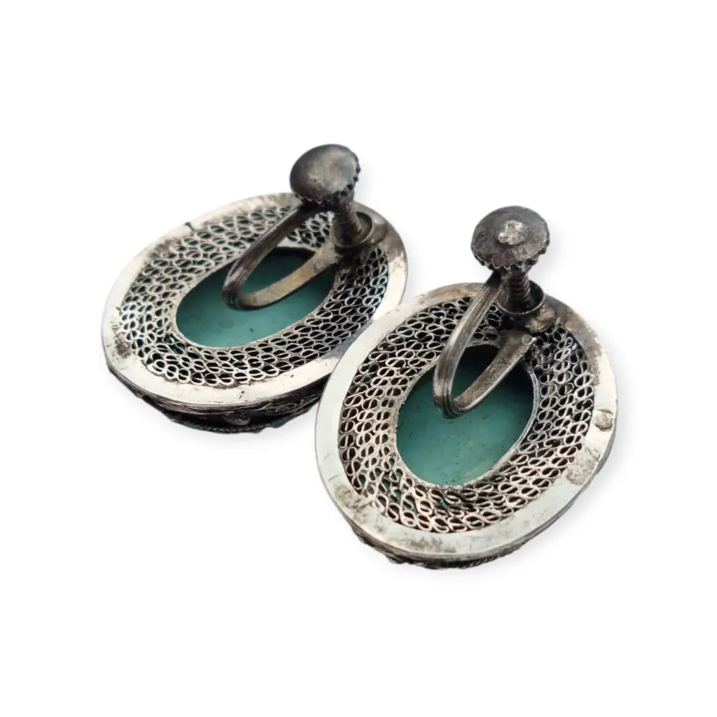 Pendientes orientales antiguos de plata filigrana con camafeos florales azul