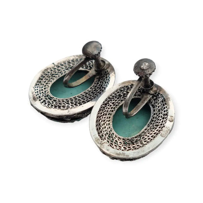 Pendientes orientales antiguos de plata filigrana con camafeos florales azul