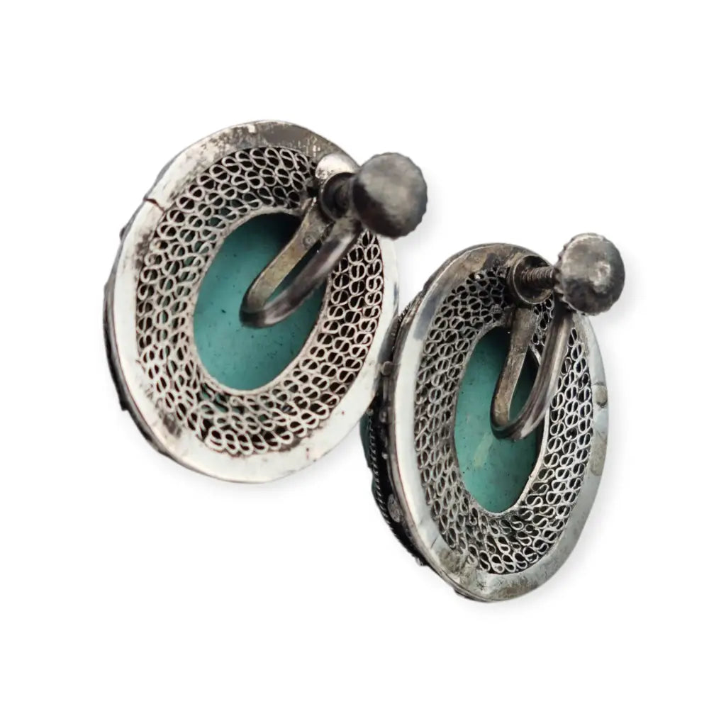 Pendientes orientales antiguos de plata filigrana con camafeos florales azul