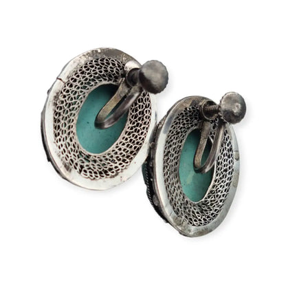 Pendientes orientales antiguos de plata filigrana con camafeos florales azul