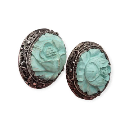 Pendientes orientales antiguos de plata filigrana con camafeos florales azul