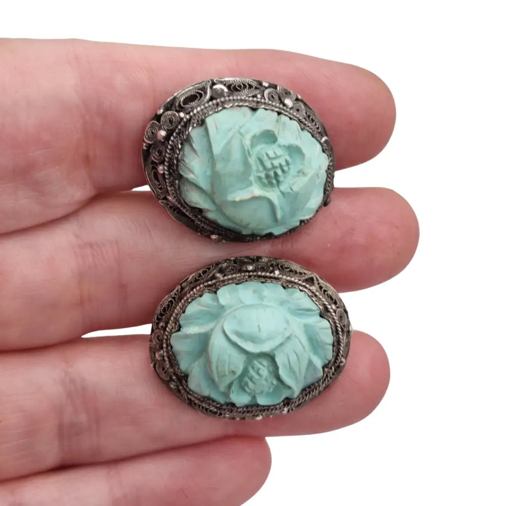 Pendientes orientales antiguos de plata filigrana con camafeos florales azul