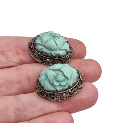 Pendientes orientales antiguos de plata filigrana con camafeos florales azul