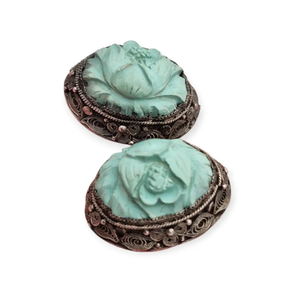 Pendientes orientales antiguos de plata filigrana con camafeos florales azul