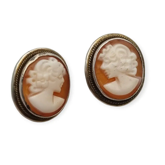 Pendientes ovalados vintage de camafeo en concha y plata regalos mujer.