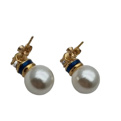 Pendientes de perlas y laminados en oro con circonitas blancas azules